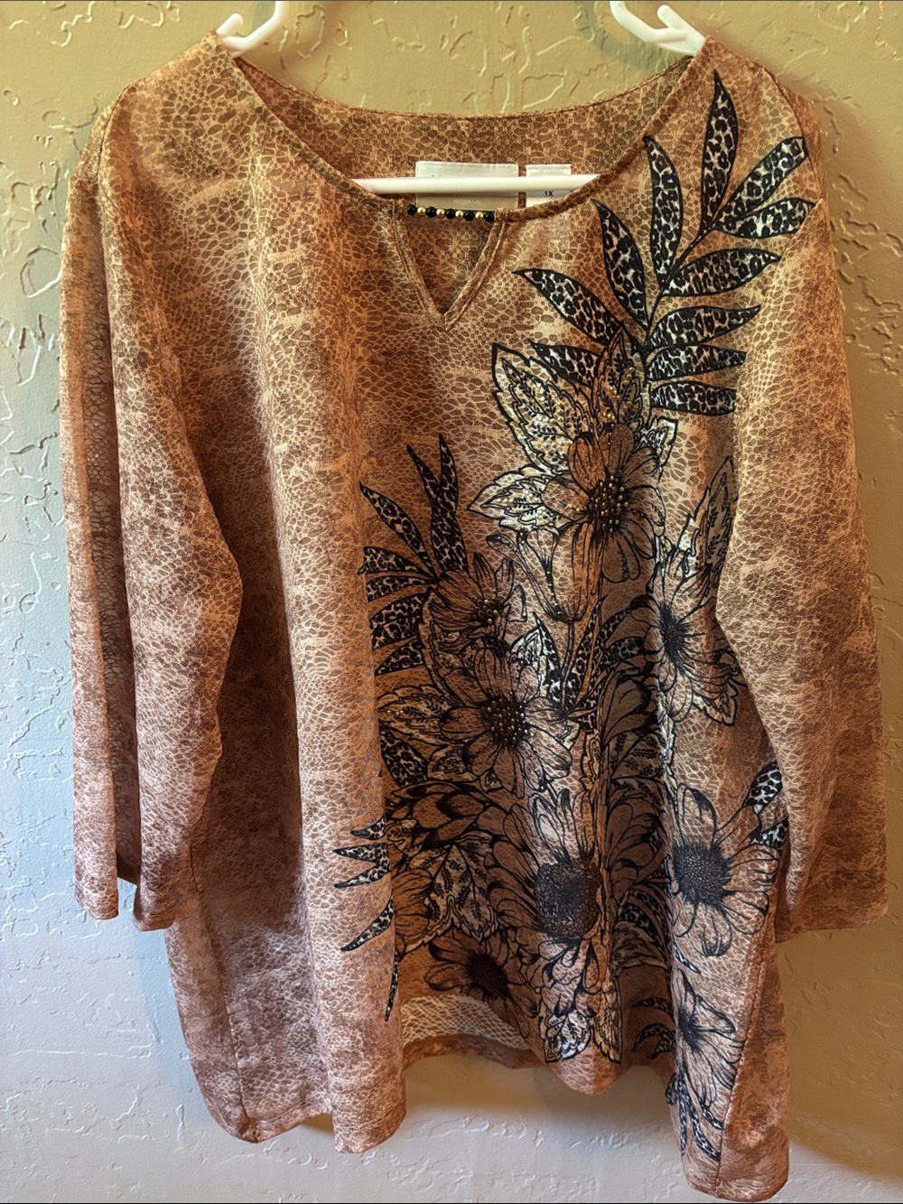 Alfred Dunner Tan and Black Floral V-Neck Blouse